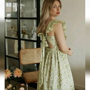 H&M Wildflower Poplin Dress Ruffle Flutter Sleeve Tie Back Green Cotton S